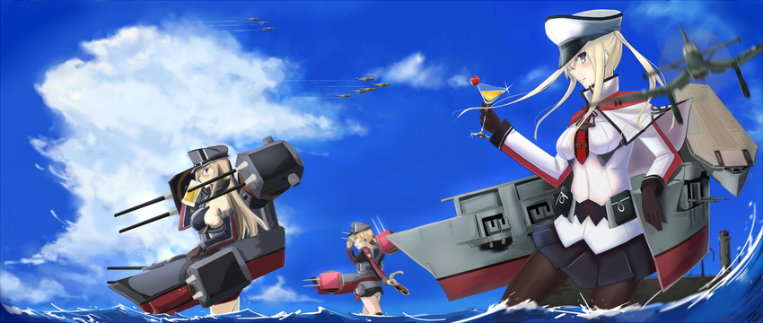 aircraft airplane alcohol anchor_hair_ornament anchor_symbol beer beer_bottle beer_mug bismarck_(kantai_collection) blonde_hair blue_eyes bomber brown_gloves cloud cocktail_glass cup day detached_sleeves dock drinking_glass gloves graf_zeppelin_(kantai_collection) green_eyes grey_eyes hair_ornament highres holding holding_cup kantai_collection lighthouse long_hair looking_at_viewer mag_(mag42) martini military military_vehicle miniskirt multiple_girls necktie ocean panties pantyhose pleated_skirt prinz_eugen_(kantai_collection) skirt sky thighhighs twintails underwear white_gloves