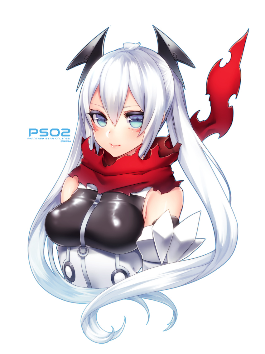 bad_id bad_pixiv_id bangs blue_eyes blush breasts closed_mouth company_name copyright_name eyelashes facial_mark hair_between_eyes highres large_breasts long_hair looking_at_viewer original phantasy_star phantasy_star_online_2 red_scarf scarf sega sleeveless solo torn_scarf upper_body white_background white_hair yutazou