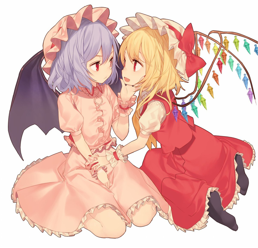 ascot bat_wings black_legwear blonde_hair bow crystal flandre_scarlet hat hat_bow hat_ribbon lavender_hair misoni_comi mob_cap multiple_girls nail_polish no_shoes open_mouth puffy_sleeves red_eyes remilia_scarlet ribbon seiza short_hair short_sleeves siblings simple_background sisters sitting touhou white_background wings wrist_cuffs
