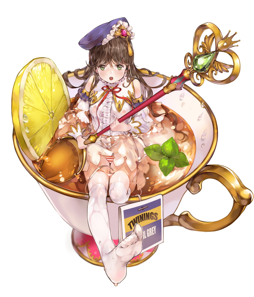 :o bangs beret black_hair breasts center_frills character_name covered_nipples crown crystal cup detached_sleeves dress dress_lift english feet food frills fruit full_body gem green_eyes hair_ornament hat highres holding holding_spoon horizontal_stripes in_container in_cup leaf lemon lemon_slice long_hair long_sleeves looking_at_viewer medium_breasts microdress minigirl mint nipples no_bra no_shoes original oversized_object panties partially_submerged personification purple_hat red_ribbon ribbon see-through simple_background sitting soles solo spoon striped striped_panties tassel tea teabag thigh_gap thighhighs tom_sun two-handed underwear water_drop wet wet_clothes white_background white_dress white_legwear