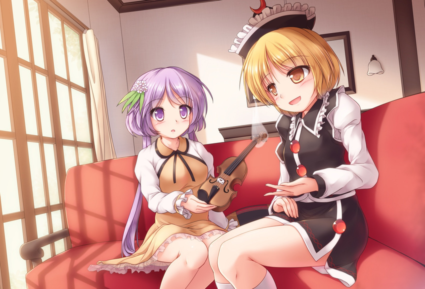 blonde_hair brown_dress couch dress flower hair_flower hair_ornament hat highres indoors instrument juliet_sleeves long_hair long_sleeves low_twintails lunasa_prismriver lzh multiple_girls open_mouth puffy_sleeves purple_eyes purple_hair shirt short_hair sitting skirt skirt_set smile thighs touhou tsukumo_benben twintails very_long_hair vest violin yellow_eyes