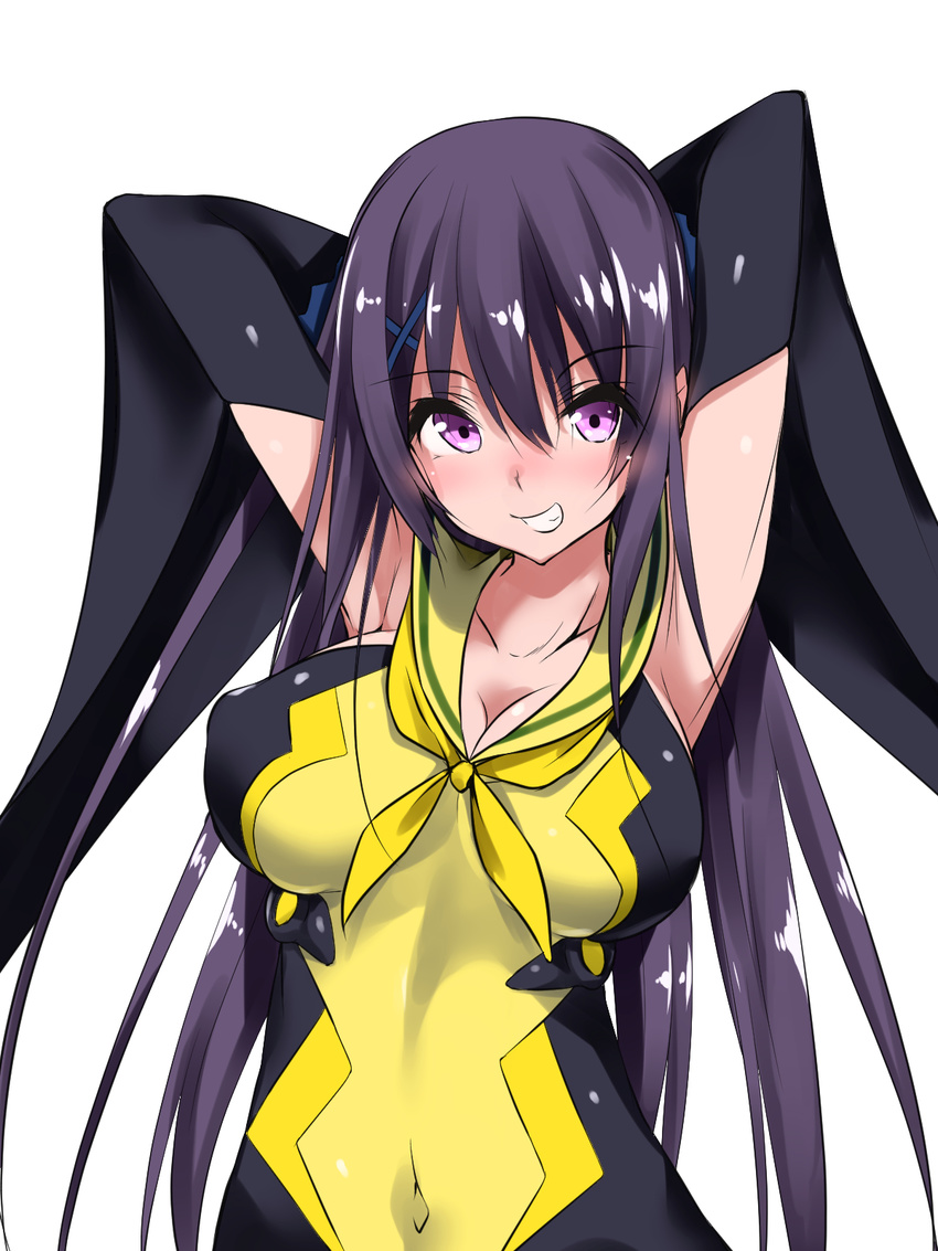 ao_no_kanata_no_four_rhythm armpits arms_behind_head arms_up black_hair blush breasts collarbone covered_navel detached_sleeves fukuyama_naoto hair_ornament highres large_breasts long_hair looking_at_viewer purple_eyes simple_background smile solo tobisawa_misaki white_background wide_sleeves x_hair_ornament