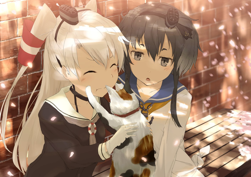 amatsukaze_(kantai_collection) black_hair brick_wall calico cat cherry_blossoms closed_eyes commentary_request demitas dress gloves grey_eyes hair_tubes hairband hat holding holding_cat kantai_collection lifebuoy long_hair mini_hat multiple_girls neckerchief open_mouth outdoors running_bond sailor_dress short_hair_with_long_locks silver_hair single_glove smokestack tokitsukaze_(kantai_collection) two_side_up wavy_mouth