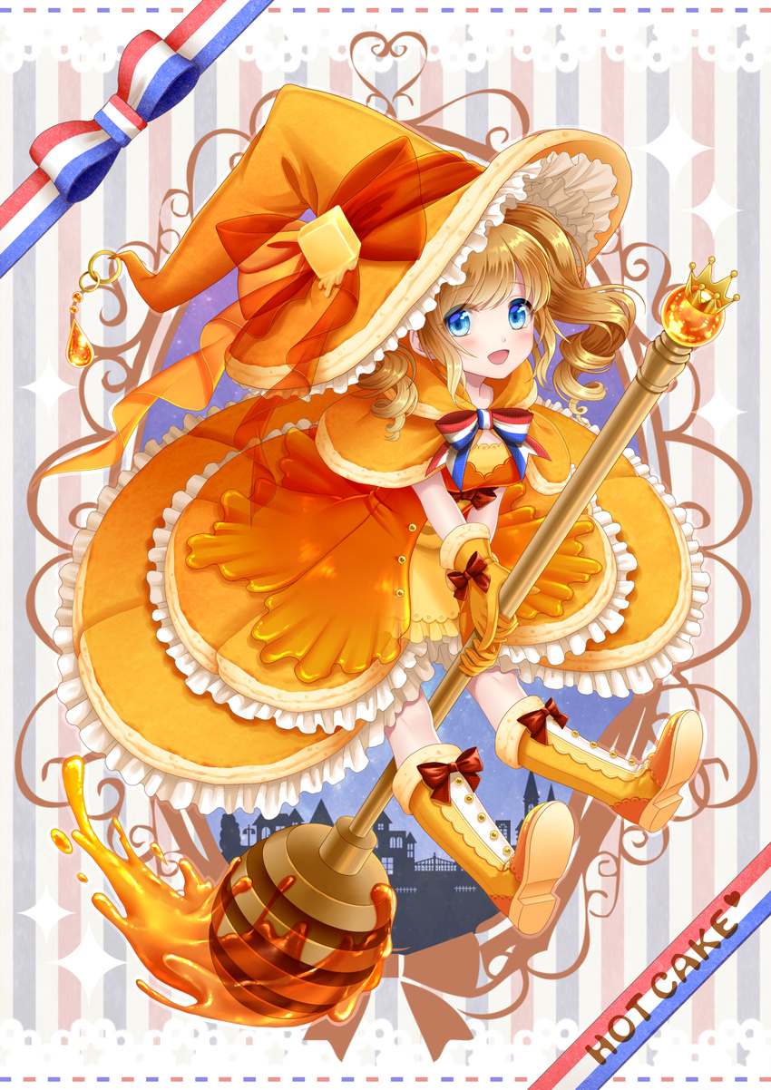 blue_eyes boots bow brown_bow brown_hair curly_hair dress food food_themed_clothes frills full_body gloves hat hat_bow highres honey honey_dipper knee_boots looking_at_viewer morinaga_(brand) multicolored_bow orange_bow orange_dress orange_footwear orange_gloves orange_hat original pancake personification short_hair smile solo striped striped_bow totsuki_ryuna twintails witch_hat