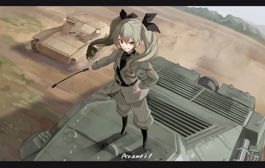 absurdres anchovy anzio_military_uniform belt black_footwear black_neckwear black_ribbon black_shirt boots brown_eyes carro_armato_p40 carro_veloce_cv-33 commentary_request drill_hair fami_(yellow_skies) full_body girls_und_panzer green_hair grey_jacket grey_pants grin ground_vehicle hair_ribbon hand_on_hip highres italian jacket knee_boots letterboxed long_sleeves looking_at_viewer military military_uniform military_vehicle motor_vehicle necktie pants ribbon riding_crop shirt smile solo tank twin_drills twintails uniform