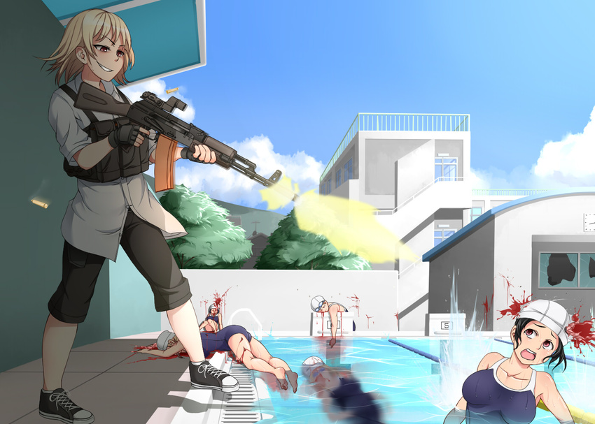 ak-74 assault_rifle black_gloves black_hair black_shorts blonde_hair blood blood_on_face blue_sky blue_swimsuit breasts broken_glass broken_window brown_eyes building casing_ejection cloud cloudy_sky collared_shirt commentary_request corpse day death erikku_(kata235) evil_grin evil_smile fingerless_gloves firing full_body glass gloves goggles goggles_on_head grin gun guro headshot holding holding_gun holding_weapon injury large_breasts long_hair multiple_girls murder muzzle_flash one-piece_swimsuit original outdoors partially_submerged peril pool pool_of_blood rifle school school_swimsuit shell_casing shirt shoes short_sleeves shorts sky smile sneakers splashing standing submerged swim_cap swimsuit tree wall water weapon wet wet_hair white_shirt