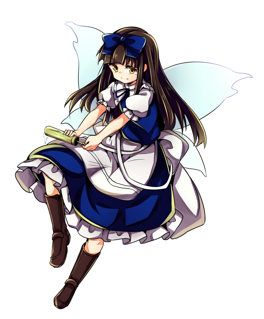 absurdres apron baba_(baba_seimaijo) black_hair blue_dress boots bow brown_eyes dress fairy_wings frills full_body hair_bow highres hime_cut long_hair short_sleeves solo star_sapphire tachi-e touhou transparent_background water_gun wings