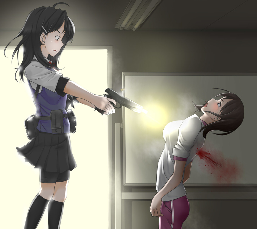 belt belt_pouch bike_shorts black_hair black_legwear black_skirt blood blood_splatter casing_ejection collared_shirt commentary_request death erikku_(kata235) firing from_side gun guro gym_uniform handgun highres holding holding_gun holding_weapon indoors injury kneehighs m1911 multiple_girls murder muzzle_flash original peril pistol pleated_skirt pouch racking_slide school school_uniform serafuku shell_casing shirt shorts shorts_under_skirt skirt smoke standing weapon whiteboard