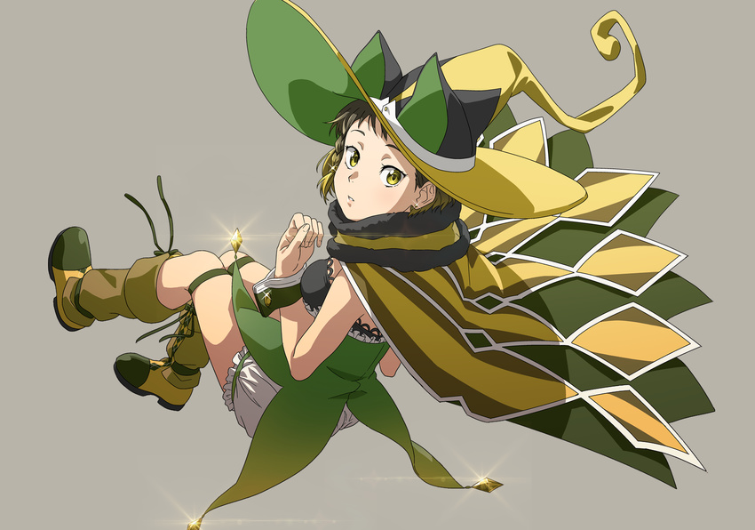 animal_ears blonde_hair boots brown_hair cape cat_ears cross-laced_footwear from_behind hat highres ikuwataru_nagomi knee_boots looking_at_viewer looking_back multicolored_hair original solo two-tone_hair witch_hat yellow_eyes