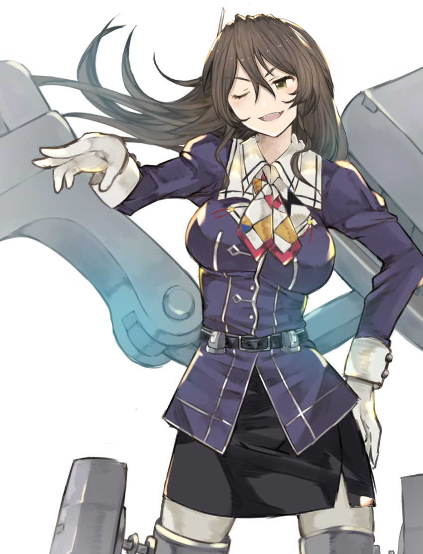 ashigara_(kantai_collection) bad_id bad_pixiv_id black_skirt breasts brown_eyes brown_hair cannon gloves hairband hand_on_hip highres horned_headwear kantai_collection large_breasts long_hair looking_at_viewer machinery miniskirt outstretched_arm pantyhose pencil_skirt remodel_(kantai_collection) rokuromi skirt solo uniform wavy_hair white_gloves