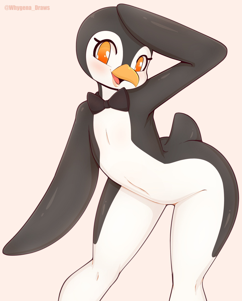 2018 ambiguous_gender anthro avian beak bird black_feathers black_tail bow_tie eyelashes feathers featureless_crotch flippers mostly_nude orange_eyes penguin royce_(whygena) salute simple_background smile solo standing whygena wide_hips winged_arms wings