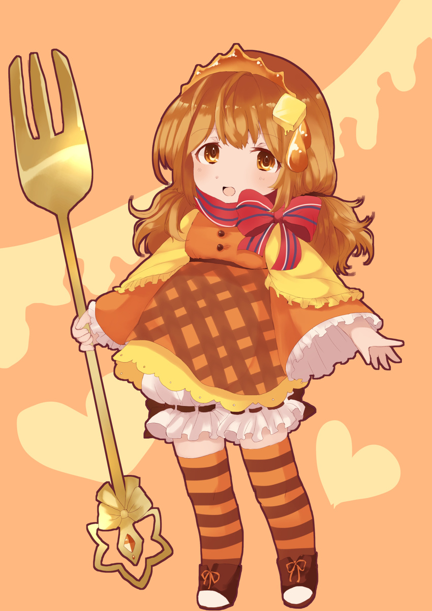 bloomers bow brown_eyes brown_hair butter food food_themed_hair_ornament fork frills full_body hair_ornament highres long_hair looking_at_viewer morinaga_(brand) multicolored multicolored_bow multicolored_clothes multicolored_legwear multicolored_skirt orange_(color) orange_background orange_skirt original oversized_object pancake personification shoes skirt smile solo standing striped striped_bow striped_legwear thighhighs tiara toyosu_toyosu twintails underwear white_bloomers