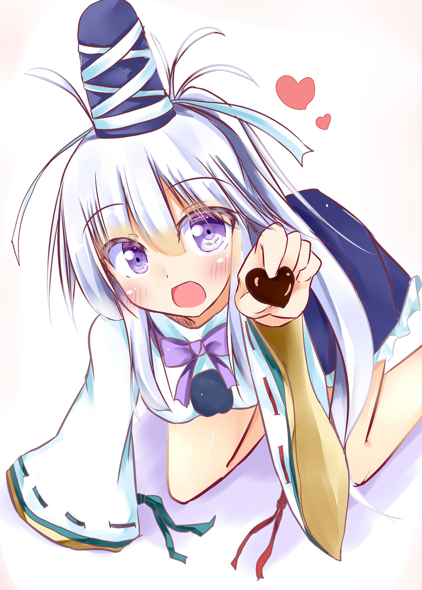 absurdres all_fours blue_eyes blush chocolate chocolate_heart feeding hat heart highres kuzumomo mononobe_no_futo open_mouth ponytail pov_feeding solo tate_eboshi touhou white_hair