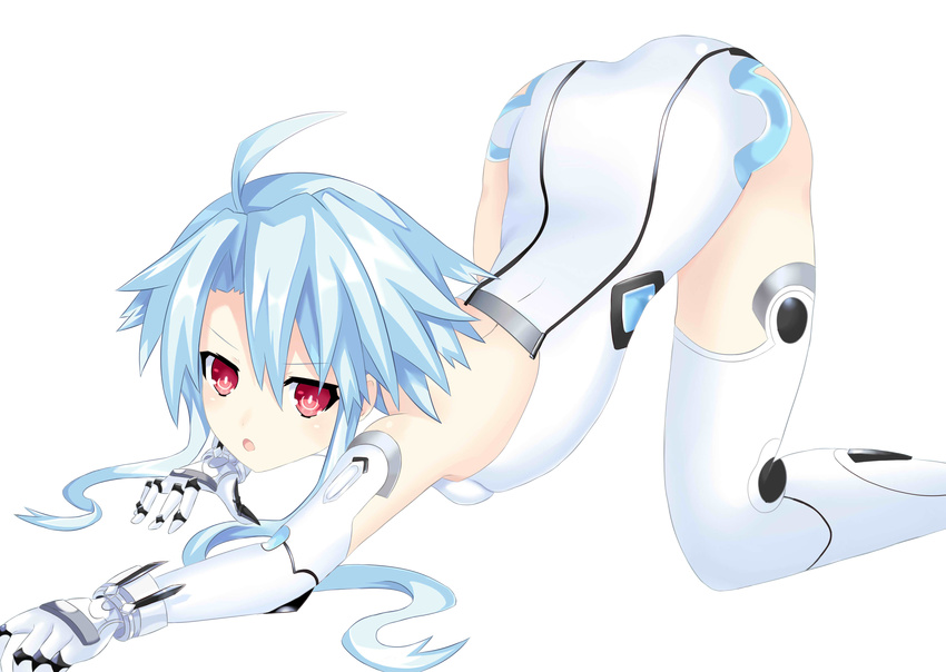 1girl absurdres ahoge all_fours ass backless_outfit bangs bare_shoulders blanc blue_hair blush breasts choujigen_game_neptune compile_heart elbow_gloves gloves hair_between_eyes halterneck highres idea_factory leotard looking_at_viewer neptune_(series) open_mouth power_symbol ramu-on@_shinon red_eyes shiny shiny_clothes shiny_hair shiny_skin short_hair_with_long_locks sideboob sidelocks small_breasts solo symbol-shaped_pupils thigh_boots thighhighs top-down_bottom-up transparent_background white_gloves white_heart white_legwear