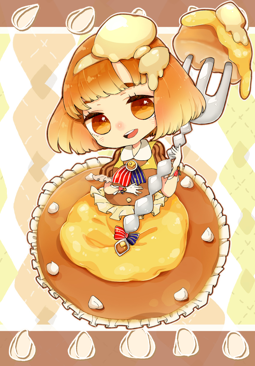 absurdres apron argyle argyle_background bow brown_eyes brown_hair butter dress food food_themed_hair_ornament fork frilled_dress frills full_body futakawa_makoto hair_ornament highres looking_at_viewer morinaga_(brand) multicolored_bow orange_dress original oversized_object short_hair smile solo striped striped_bow