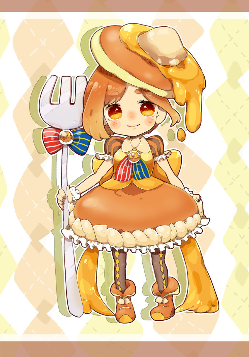 absurdres argyle argyle_legwear black_legwear bow brooch brown_hair butter eyebrows food food_themed_hair_ornament fork full_body futakawa_makoto hair_ornament highres jewelry looking_at_viewer morinaga_(brand) multicolored_bow orange_bow orange_eyes orange_footwear orange_skirt original oversized_object pancake pantyhose personification shoes short_hair skirt smile solo standing striped striped_bow thick_eyebrows