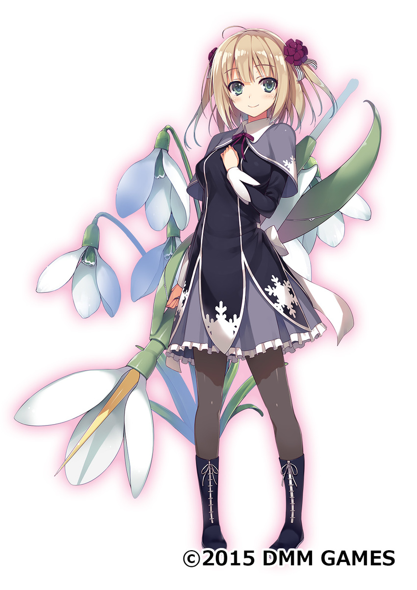ahoge bangs blonde_hair blue_eyes blush boots capelet cross-laced_footwear detached_sleeves floral_background flower flower_knight_girl frills full_body grey_legwear hair_flower hair_ornament hand_on_own_chest highres knee_boots lace-up_boots long_sleeves neck_ribbon official_art pantyhose ribbon short_hair simple_background smile snowdrop_(flower) snowdrop_(flower_knight_girl) snowflake_print solo tomose_shunsaku twintails two_side_up white_background