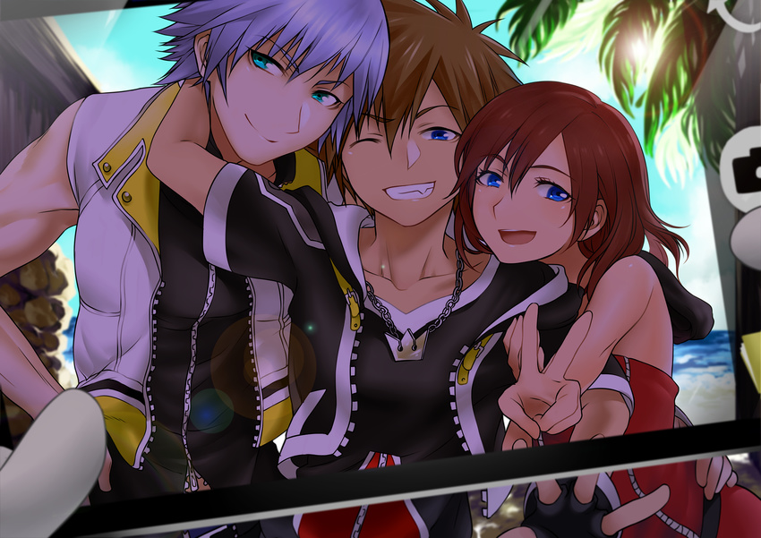 2boys aqua_eyes arm_around_neck blue_eyes blue_sky blurry brown_hair cellphone chain_necklace collarbone day depth_of_field fang fingerless_gloves gloves grin group_picture highres jacket kairi_(kingdom_hearts) kingdom_hearts lens_flare mikura_(miraclemicro) multiple_boys muscle one_eye_closed open_mouth palm_tree phone pov riku sandwiched silver_hair sky smartphone smile sora_(kingdom_hearts) tree user_interface v