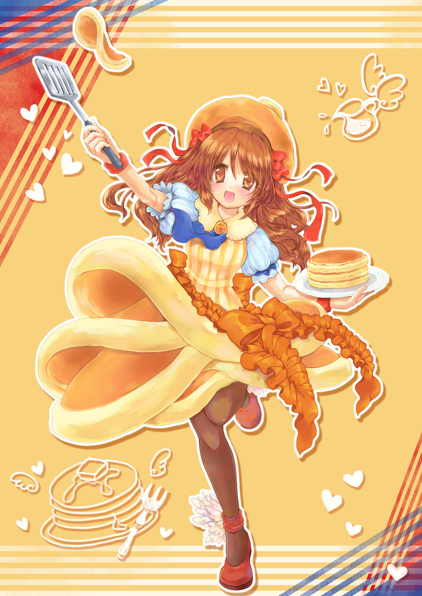 :d black_legwear blue_neckwear bow brooch brown_eyes brown_hair food full_body hat hat_bow heart highres hizukiryou jewelry layered_skirt long_hair looking_at_viewer morinaga_(brand) necktie open_mouth orange_background orange_bow orange_hat orange_skirt original pancake pantyhose personification plate red_bow red_footwear shoes skirt smile solo spatula standing standing_on_one_leg