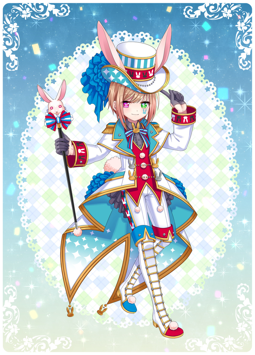 absurdres animal_ears bad_id bad_pixiv_id black_gloves boots bow brown_hair bunny_ears bunny_tail epaulettes full_body gloves green_eyes hat heterochromia highres knee_boots looking_at_viewer male_focus mismatched_footwear multicolored_bow pants pocketland pom_pom_(clothes) print_hat print_pants red_eyes smile solo sparkle standing striped striped_bow symbol-shaped_pupils tail top_hat totsuki_ryuna wand white_footwear white_pants