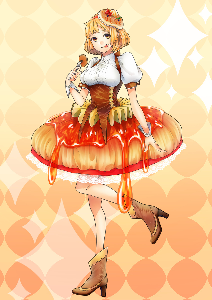 :p absurdres blonde_hair blouse boots brown_eyes brown_footwear bubble_skirt corset food food_on_face food_themed_clothes food_themed_hair_ornament fork full_body gradient gradient_background hair_ornament hairband highres looking_at_viewer morinaga_(brand) orange_background orange_skirt original pancake personification satsuki_kureharu shirt short_hair skirt solo standing standing_on_one_leg syrup tongue tongue_out underbust white_shirt yellow_background