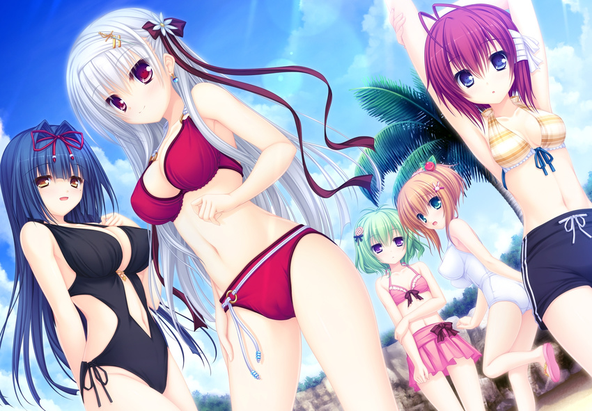 aqua_eyes beach bikini blue_eyes blue_hair blush bow breasts cameltoe candy cleavage game_cg green_hair group justy_x_nasty kagami_hibiki kamui_mikaru kuroki_kirie lollipop long_hair mikagami_mamizu multiple_girls navel onose_mana ootsuki_karin orange_hair purple_eyes red_eyes red_hair ribbons short_hair swimsuit tree whirlpool yellow_eyes