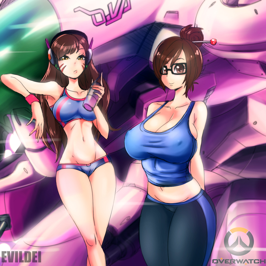 breasts brown_hair cleavage d.va_(overwatch) evil-dei glasses mecha mei_(overwatch) midriff multiple_girls navel overwatch stomach tank_top