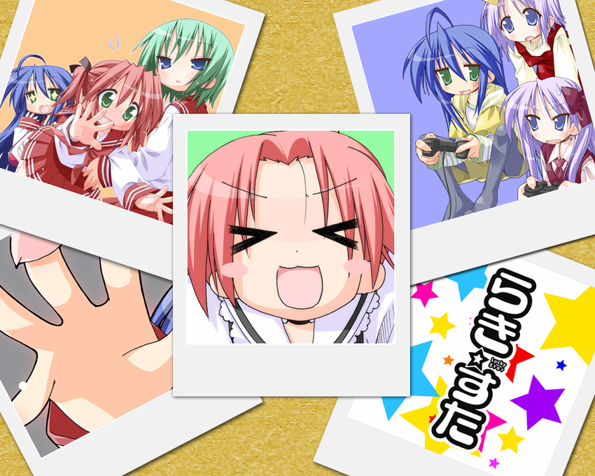 ahoge hiiragi_kagami hiiragi_tsukasa iwasaki_minami izumi_konata kobayakawa_yutaka kogami_akira lucky_star mole mole_under_eye multiple_girls pantyhose ryouou_school_uniform school_uniform serafuku twintails wallpaper yoshimizu_kagami