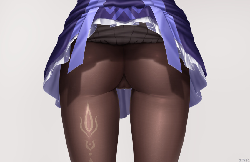 1girl ass ass_focus black_legwear cameltoe chinese_commentary commentary_request dress frilled_dress frills from_behind genshin_impact highres keqing_(genshin_impact) lower_body no_panties pantyhose purple_dress short_dress simple_background solo thighs upskirt white_background z282g