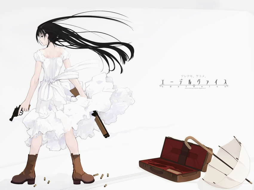 boots dress edelweiss_(inspire) gun handgun highres holding holding_gun holding_weapon jinguuji_rio lever_action mare's_leg revolver rifle shell_casing solo wallpaper weapon winchester_model_1892