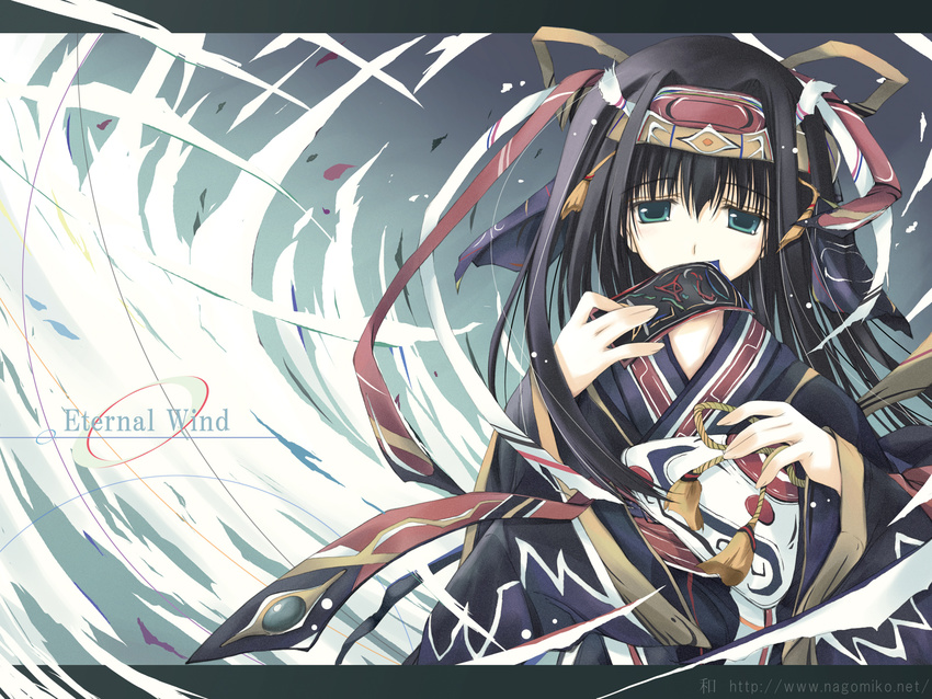 black_hair copyright_request green_eyes headband highres long_sleeves robe solo tenmu_shinryuusai vortex wallpaper wind