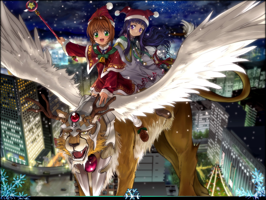 cardcaptor_sakura christmas daidouji_tomoyo hat hoshi_no_tsue kerberos kinomoto_sakura magical_girl multiple_girls mutsuki_(moonknives) red_hat reindeer