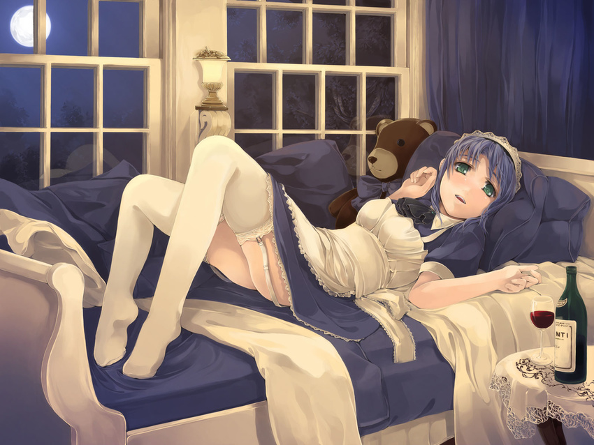 alcohol bottle copyright_request drunk feet frills full_moon garter_belt glass green_eyes highres lamp lingerie lying maid maid_headdress moon pillow simosi solo stuffed_animal stuffed_toy teddy_bear thighhighs underwear white_legwear window wine