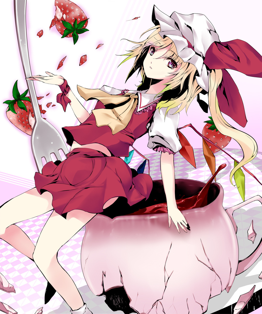 atoshi blonde_hair cup flandre_scarlet food fork fruit hat highres ponytail red_eyes short_hair side_ponytail solo strawberry teacup touhou wings