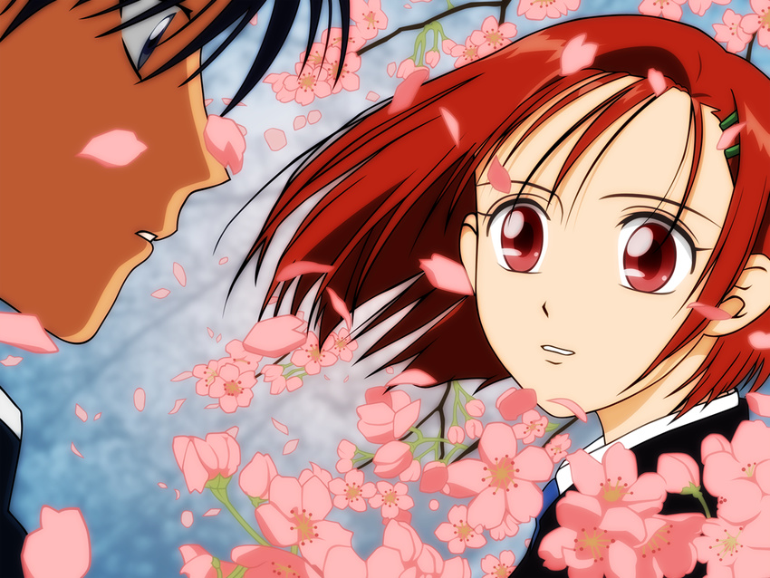 1girl arima_souichirou cherry_blossoms kareshi_kanojo_no_jijou miyazawa_yukino red_eyes red_hair short_hair vector_trace