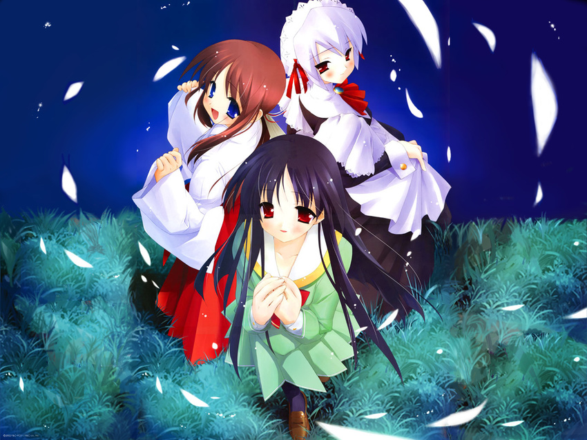 back-to-back black_hair blue_eyes blush gayarou grass hakama japanese_clothes kotonomiya_yuki long_hair long_sleeves maid makino_nanami miko miyashiro_karin multiple_girls night outdoors petals pleated_skirt ponytail red_eyes red_hair red_hakama school_uniform serafuku short_hair skirt smile suigetsu white_hair wrist_cuffs