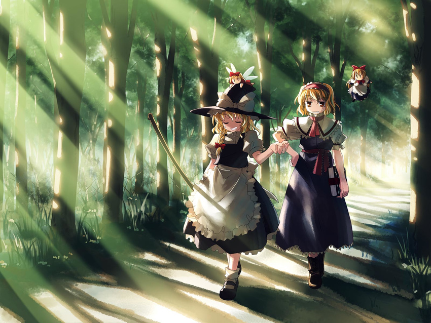 :d ^_^ alice_margatroid annoyed apron ascot bangs blonde_hair blue_dress book boots bow braid broom capelet closed_eyes doll dress flying forest forest_of_magic frills grass grin hair_bow hairband hand_on_hip hat hat_bow highres hourai_doll kirisame_marisa light_rays mary_janes messy_hair multiple_girls nature open_mouth raised_eyebrow road sash shanghai_doll shirt shoes short_hair skirt skirt_set smile sunbeam sunlight teeth touhou tree v-shaped_eyebrows vest waist_apron white_legwear witch_hat yuuki_tatsuya |_|