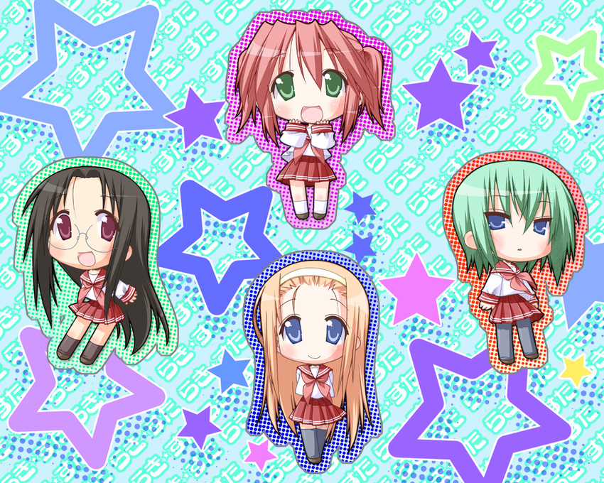 chibi glasses hairband iwasaki_minami kneehighs kobayakawa_yutaka lucky_star minegishi_ayano multiple_girls ryouou_school_uniform school_uniform serafuku socks tamura_hiyori thighhighs wallpaper yoshimizu_kagami