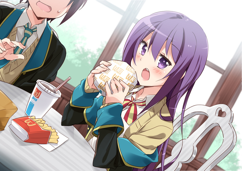 1girl blazer blush brown_hair cardigan chair cup disposable_cup drinking_straw dutch_angle food french_fries gj-bu hair_between_eyes hamburger highres holding holding_food indoors jacket long_hair long_sleeves mcdonald's mousou_(mousou_temporary) necktie open_mouth purple_eyes purple_hair school_uniform shinomiya_kyouya short_hair sitting sumeragi_shion table window you're_doing_it_wrong