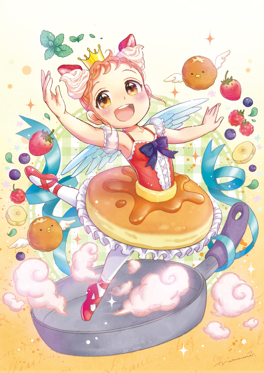 :d armpits ballerina banana_slice black_bow blue_ribbon blueberry bow brown_eyes brown_hair bubble_skirt crown dancing food food_themed_clothes frilled_skirt frills fruit frying_pan full_body gradient gradient_background highres morinaga_(brand) nanami_tomorou open_mouth orange_background original pancake pantyhose personification red_footwear ribbon shoes short_hair skirt smile solo standing standing_on_one_leg steam strawberry whipped_cream white_background wings