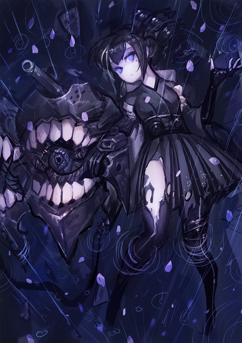 ancient_destroyer_hime black_footwear black_hair black_legwear blue_eyes boots drill_hair from_above glowing glowing_eyes gods_(1073337800) highres japanese_clothes kantai_collection kimono long_hair mole mole_under_eye rain shinkaisei-kan side_ponytail solo thigh_boots thighhighs torn_boots water white_skin