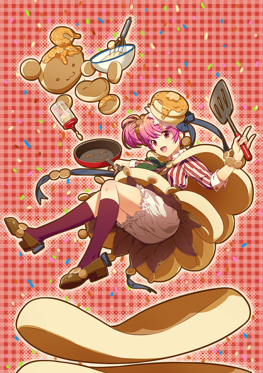 :3 :d bloomers bottle bow brown_footwear cape earrings flipping_food food food_themed_clothes food_themed_hair_ornament frying_pan full_body hair_ornament highres honey jewelry kneehighs looking_at_viewer mixing_bowl morinaga_(brand) open_mouth original pancake personification pink_hair plaid plaid_background purple_legwear red_background red_eyes shirt shoes short_hair side_ponytail smile solo spatula striped striped_bow striped_shirt underwear whisk white_bloomers yuasa_tsugumi