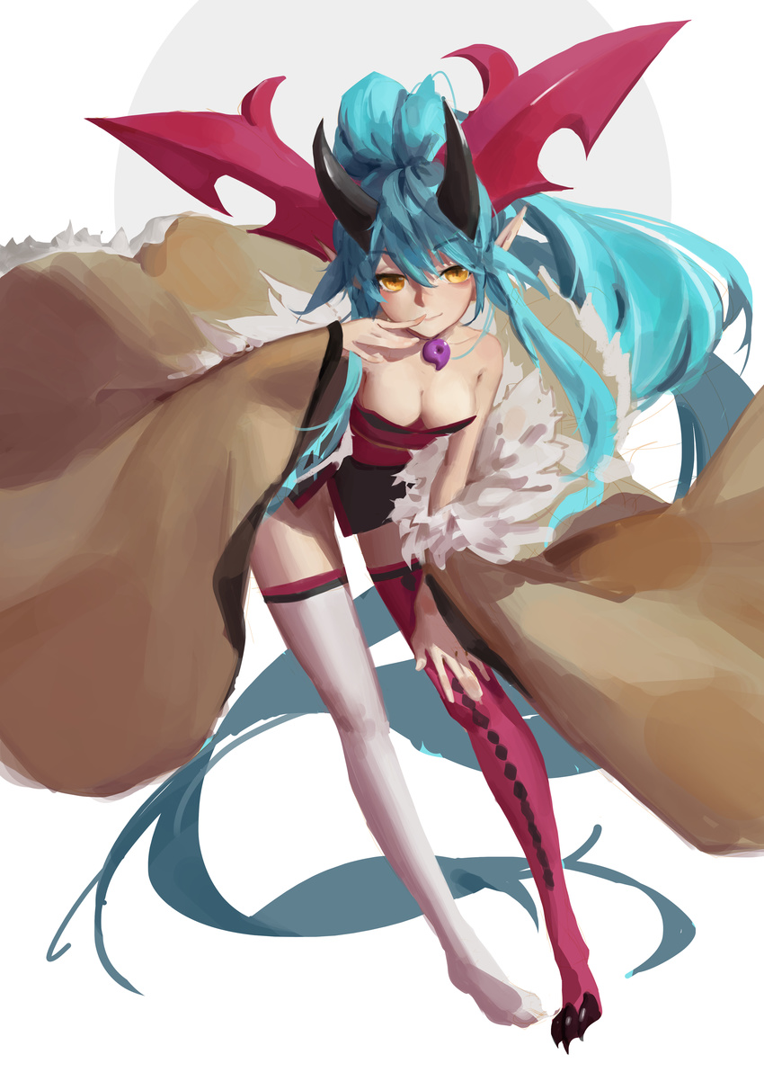 absurdly_long_hair absurdres arm_support bangs bare_shoulders breasts cleavage detached_sleeves downblouse eyebrows eyebrows_visible_through_hair fur_trim hair_between_eyes hair_ornament highres horns japanese_clothes kimono large_breasts long_hair long_sleeves looking_at_viewer magatama mismatched_legwear obi orokanahime pink_legwear pointy_ears ponytail puzzle_&amp;_dragons sash satsuki_(p&amp;d) short_kimono sidelocks sketch smile solo thighhighs very_long_hair white_background white_legwear wide_sleeves yellow_eyes