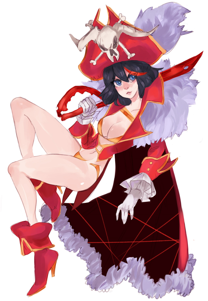 absurdres black_hair blue_eyes boots breasts cleavage coat company_connection cosplay crossover dragonaer123 fur_trim gloves hat highres kill_la_kill lalaco_godspeed lalaco_godspeed_(cosplay) large_breasts life_fiber lips matoi_ryuuko multicolored_hair navel over_shoulder pirate pirate_hat revealing_clothes scissor_blade short_hair skull_and_crossbones solo trigger_(company) two-tone_hair uchuu_patrol_luluco weapon weapon_over_shoulder