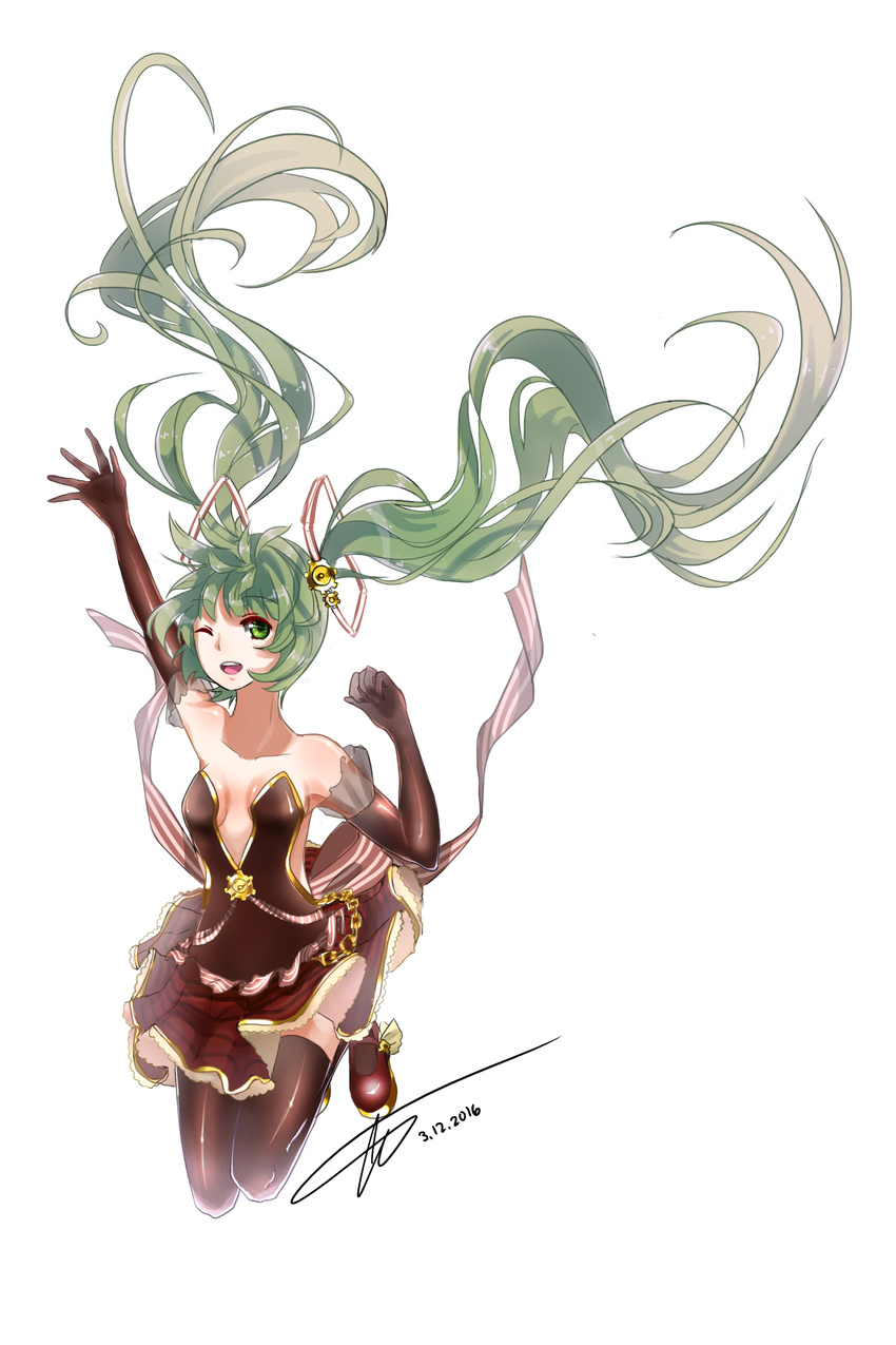 2016 absurdres arm_up bad_id bad_pixiv_id dated elbow_gloves gears gloves green_eyes green_hair hatsune_miku highres kkorichan long_hair one_eye_closed open_mouth signature skirt solo thighhighs transparent_background twintails very_long_hair vocaloid