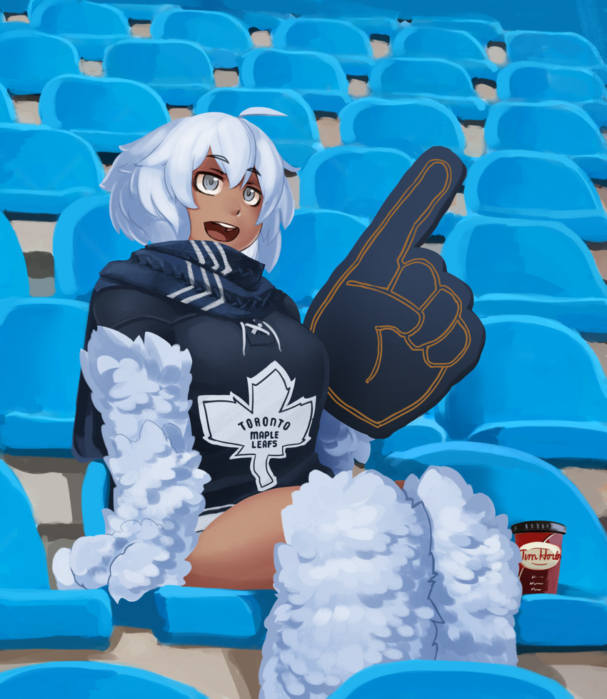 :d ahoge bad_id bad_tumblr_id black_gloves black_scarf blush clothes_writing commentary cup dark_skin foam_finger fur gloves grey_eyes highres hockey_sweater ice_hockey leg_warmers less looking_afar monster_girl monster_girl_encyclopedia national_hockey_league open_mouth paws round_teeth scarf short_hair sitting smile solo stadium teeth tim_hortons toronto_maple_leafs white_fur white_hair yeti_(monster_girl_encyclopedia)
