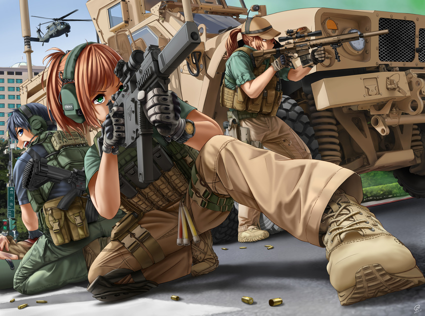 2girls absurdres action aiming aircraft assault_rifle bag battle_rifle black_hair blood boots brown_eyes building chinese city crosswalk dated foreshortening gloves glowstick green_eyes ground_vehicle gun h&amp;k_g28 handgun hat headset heckler_&amp;_koch helicopter highres hk416 hk417 holster injury jpc knee_pads kneeling kriss_vector load_bearing_vest long_hair looking_back magazine_(weapon) military military_operator military_vehicle motor_vehicle multiple_girls one_knee original pistol radio rifle road road_sign scope shadow shell_casing short_hair shouting sign signature sleeves_rolled_up sniper_rifle street submachine_gun taiwan thigh_holster uh-60_blackhawk walkie-talkie war watch weapon wristwatch