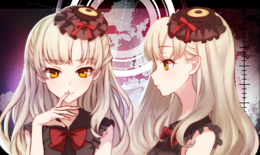 bangs black_dress blonde_hair bow commentary dress eyebrows eyebrows_visible_through_hair frilled_dress frills hair_ornament hand_to_own_mouth hat highres long_hair looking_at_viewer mayu_(vocaloid) mofuruo mugshot multiple_views profile red_bow sleeveless solo_focus vocaloid yellow_eyes