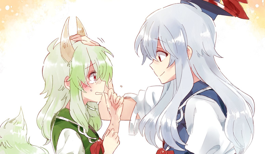 blue_hair crying crying_with_eyes_open dual_persona ex-keine facing_another from_side green_hair hand_on_another's_head hand_on_own_head hat horns kamishirasawa_keine long_hair multiple_girls orange_background petting puffy_short_sleeves puffy_sleeves red_eyes short_sleeves sidelocks six_(fnrptal1010) smile tail tears touhou white_background younger