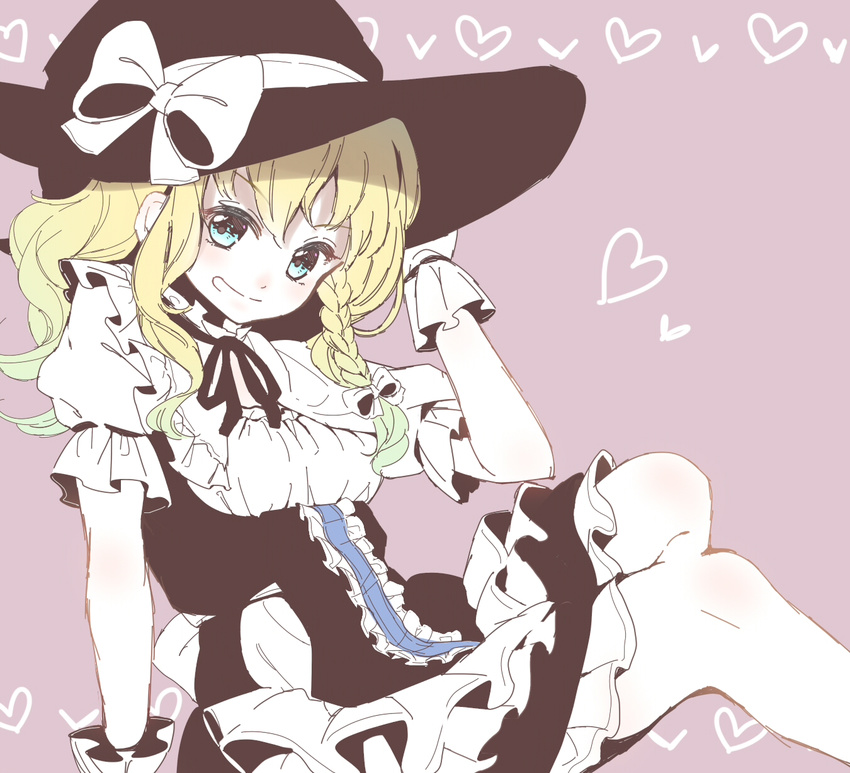 apron black_dress blonde_hair blue_eyes bow braid dress eyebrows eyebrows_visible_through_hair frilled_dress frills gloves grin hair_bow hand_on_headwear hat hat_bow heart heart_background highres kirisame_marisa long_hair looking_at_viewer puffy_short_sleeves puffy_sleeves ribbon satomachi short_sleeves side_braid simple_background single_braid sitting smile solo teeth touhou waist_apron wavy_hair white_bow witch_hat
